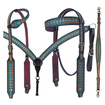 Bar H Equine American Leather Horse Saddle Tack One Ear Headstall Breast Collar Browband Wither Strap Turquoise Symmetry